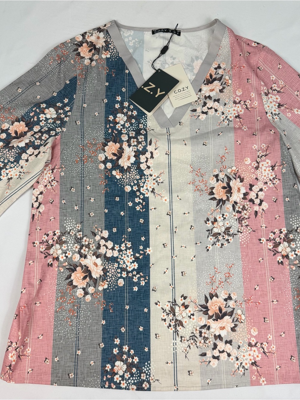C.O.Z.Y. NoraCora NWT Floral Striped V-Neck Tunic Blouse Pink Blue Gray S